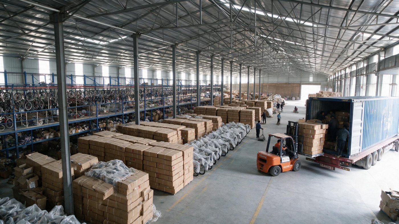 Entrepôt WANDYY avec cartons et chargement conteneur